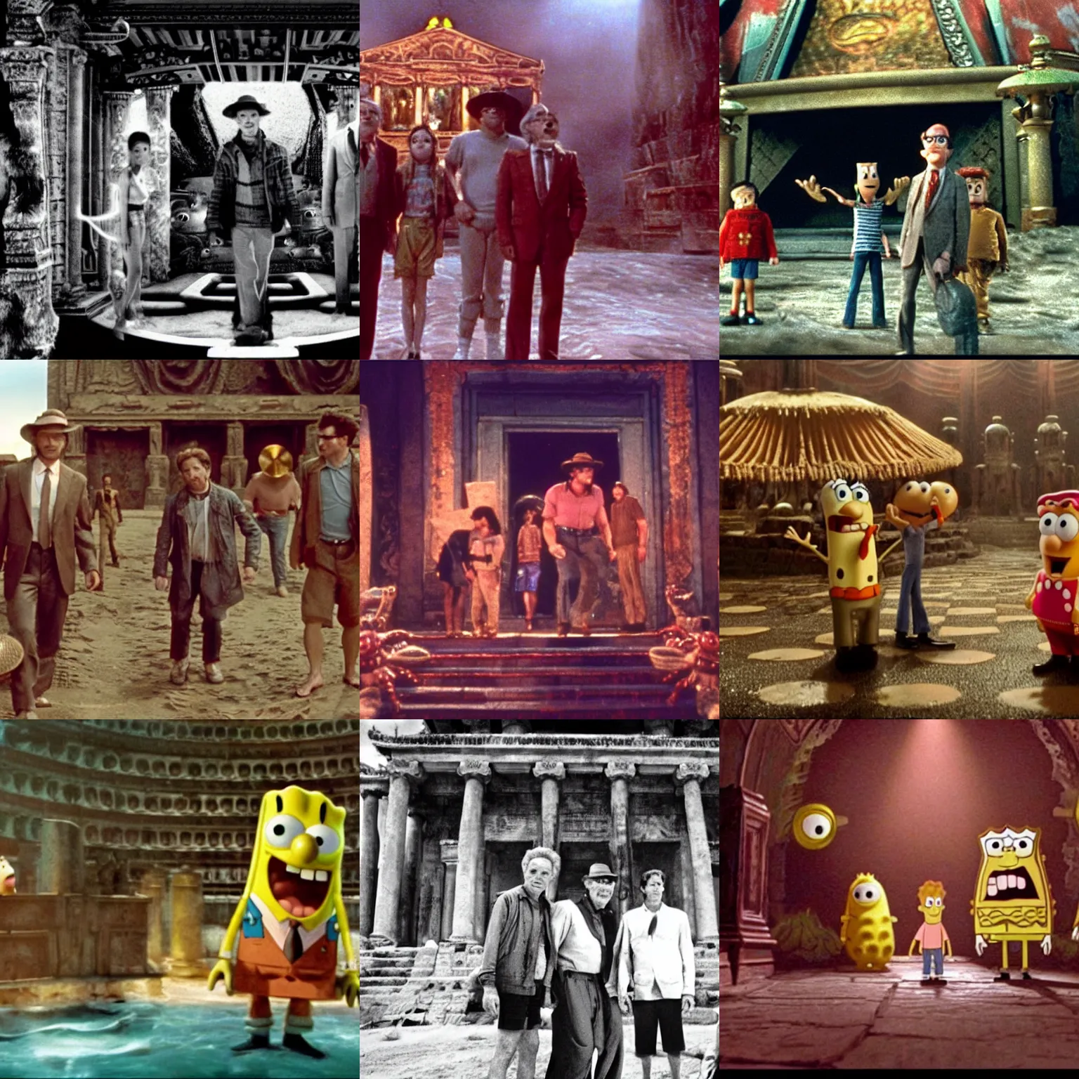 Prompt: movie still from Stephen Spielberg, SpongeBob and Patrick visit the temple of doom, amazing cinematography