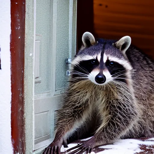Prompt: Raccoon lounging in a doorway on an icy day in Georgia
