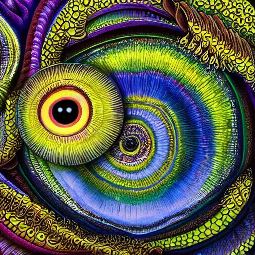 Prompt: A beautiful painting a large eye that is looking directly at the viewer. The eye is composed of a myriad of colors and patterns, and it is surrounded by smaller eyes. The smaller eyes appear to be in a state of hypnosis, and they are looking in different directions. by Adonna Khare, by Yasushi Nirasawa, by William Wray decorative, atmospheric