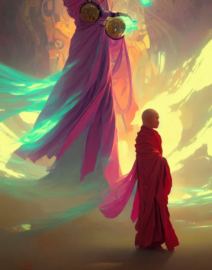 Image similar to a robot monk wearing a flowing cloak, vaporwave aesthetic, colorful, psychedelic, digital painting, artstation, concept art, smooth, sharp focus, illustration, art by artgerm and greg rutkowski and alphonse mucha