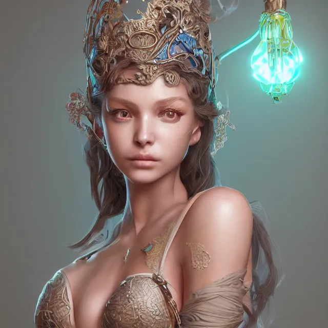 Image similar to studio portrait of neutral good colorful female cleric bard healer as absurdly beautiful, elegant, young sensual swimsuit model, ultrafine hyperrealistic detailed face illustration by kim jung gi, irakli nadar, intricate linework, sharp focus, bright colors, matte, octopath traveler, final fantasy, unreal engine highly rendered, global illumination, radiant light, intricate environment