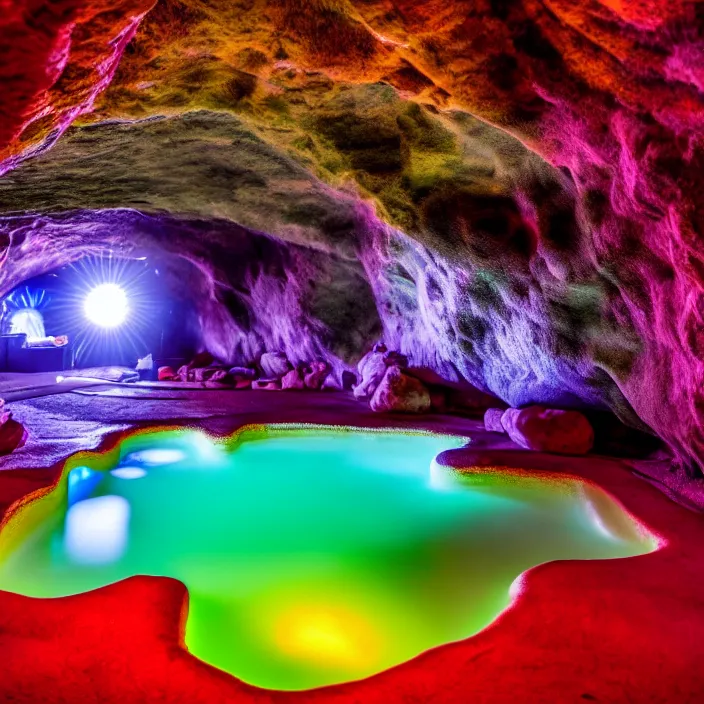 Prompt: photo of a fluorescent cave with a hot spring highly detailed 8 k hdr smooth sharp focus high resolution award - winning photo