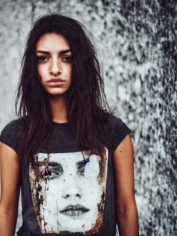 Prompt: hyperdetailed photo of a beautiful italian girl, brown eyes, dark hair, skin, winds of winter, with ripped grunge crop t - shirt fine face, pretty face