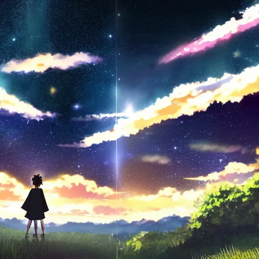 Image similar to a dark night sky with stars, in the style of the anime movie your name, 4 k,