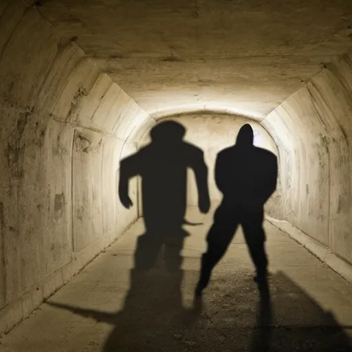 Prompt: two shadowy figures in a dingy underground concrete bunker, mood