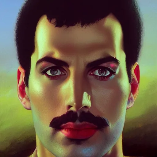 Image similar to of an ultradetailed beautiful portrait panting of freddie mercury, front view, oil painting, by ilya kuvshinov, greg rutkowski and makoto shinkai