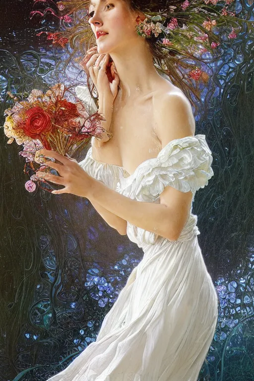 Image similar to portrait of a beautiful woman wearing a white dress, holding a bouquet of flowing flowers, drenched body, silver hair, wet dripping hair, emerging from the water, dark fantasy, regal, fractal crystal, fractal gems, by stanley artgerm lau, thomas kindkade, alphonse mucha, loish, norman rockwell