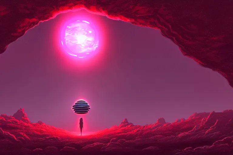 Image similar to a single distant fleshy glowing portal opens up in an otherwise dark and desolate landscape : retro, sci - fi, surrealism, vaporwave, concept art, 4 k, ultra hd, very detailed, digital art