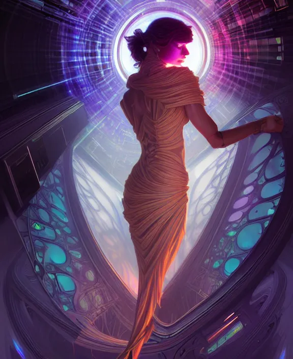 Image similar to a whirlwind of souls rushing inside the metaverse, hologram, half body, neurochip, shaved temple, piercing, jewelry, android, cyborg, cyberpunk face, by loish, d & d, fantasy, intricate, elegant, highly detailed, colorful, digital painting, artstation, concept art, art by artgerm and greg rutkowski and alphonse mucha