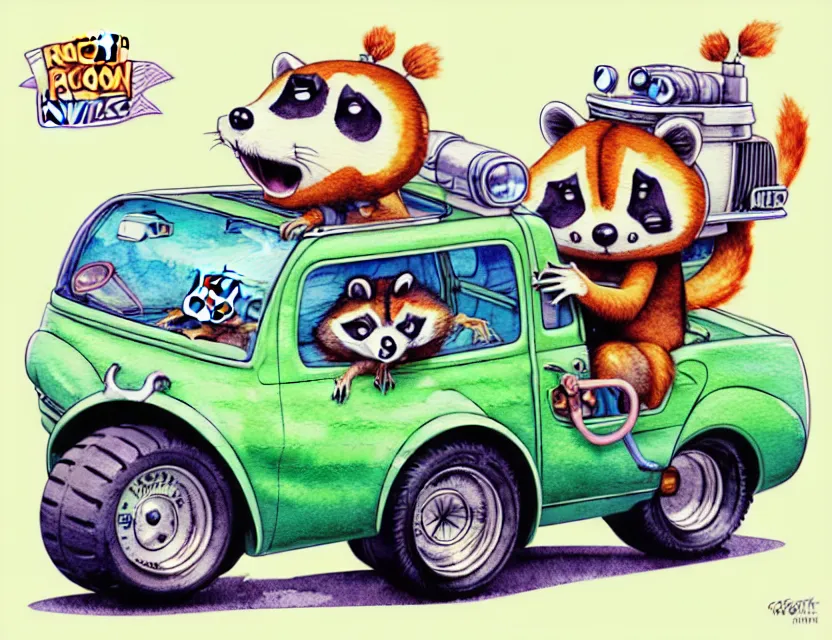 Image similar to cute and funny, racoon riding in a tiny hot rod with oversized engine, ratfink style by ed roth, centered award winning watercolor pen illustration, isometric illustration by chihiro iwasaki, edited by range murata, tiny details by artgerm and watercolor girl, symmetrically isometrically centered