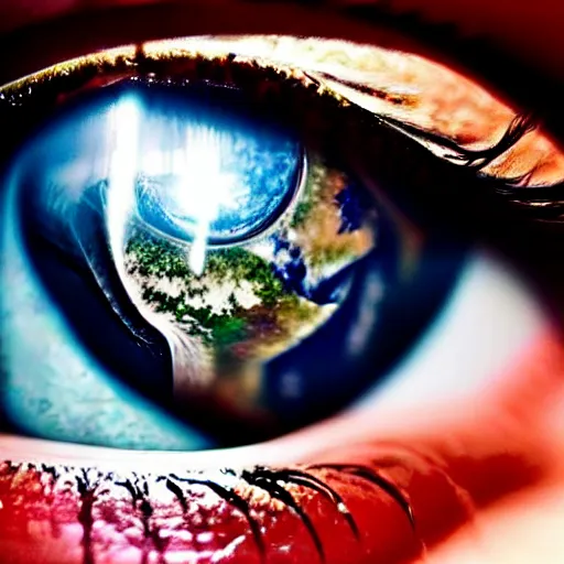 Image similar to an extreme closeup of an eye reflected in the eye is Earth shrinking away, highly reflective, realistic reflections, realistic lighting, photo realistic, awe inspiring