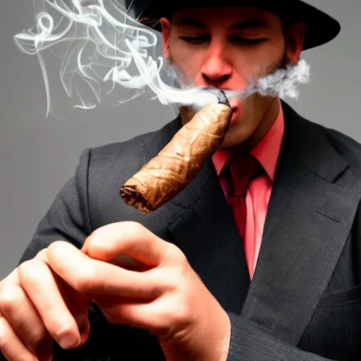 Image similar to smoking cigar, a man wearing a suit capybara head wearing a hat (smoking cigar)