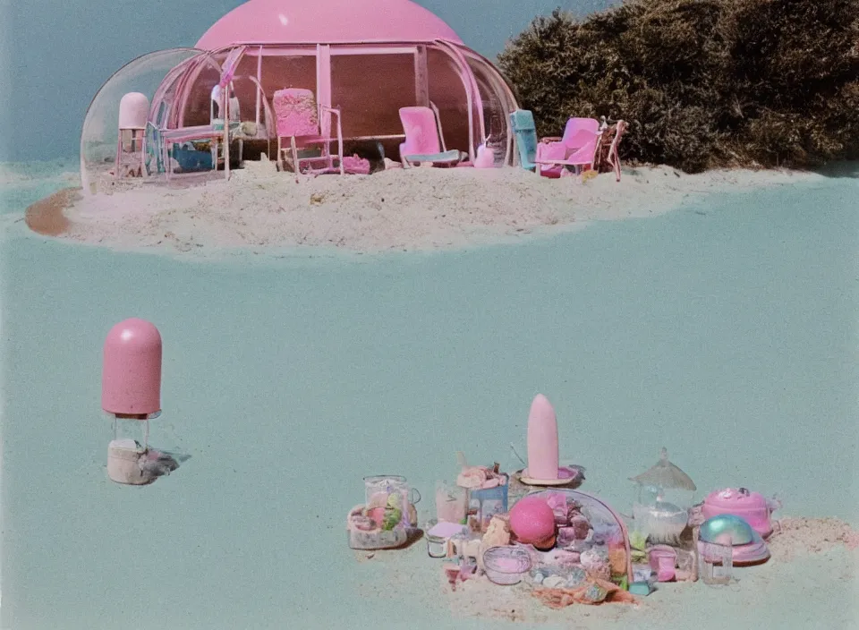 Image similar to a pastel coloured vintage family holiday photo of an empty beach from an alien dreamstate world with chalky pink iridescent!! sand, reflective lavender ocean water, dim bioluminescent plant life and an igloo shaped plastic transparent restaurant including clutter opposite a pit with an iridescent blue flame flickering. glare. refraction, volumetric light.