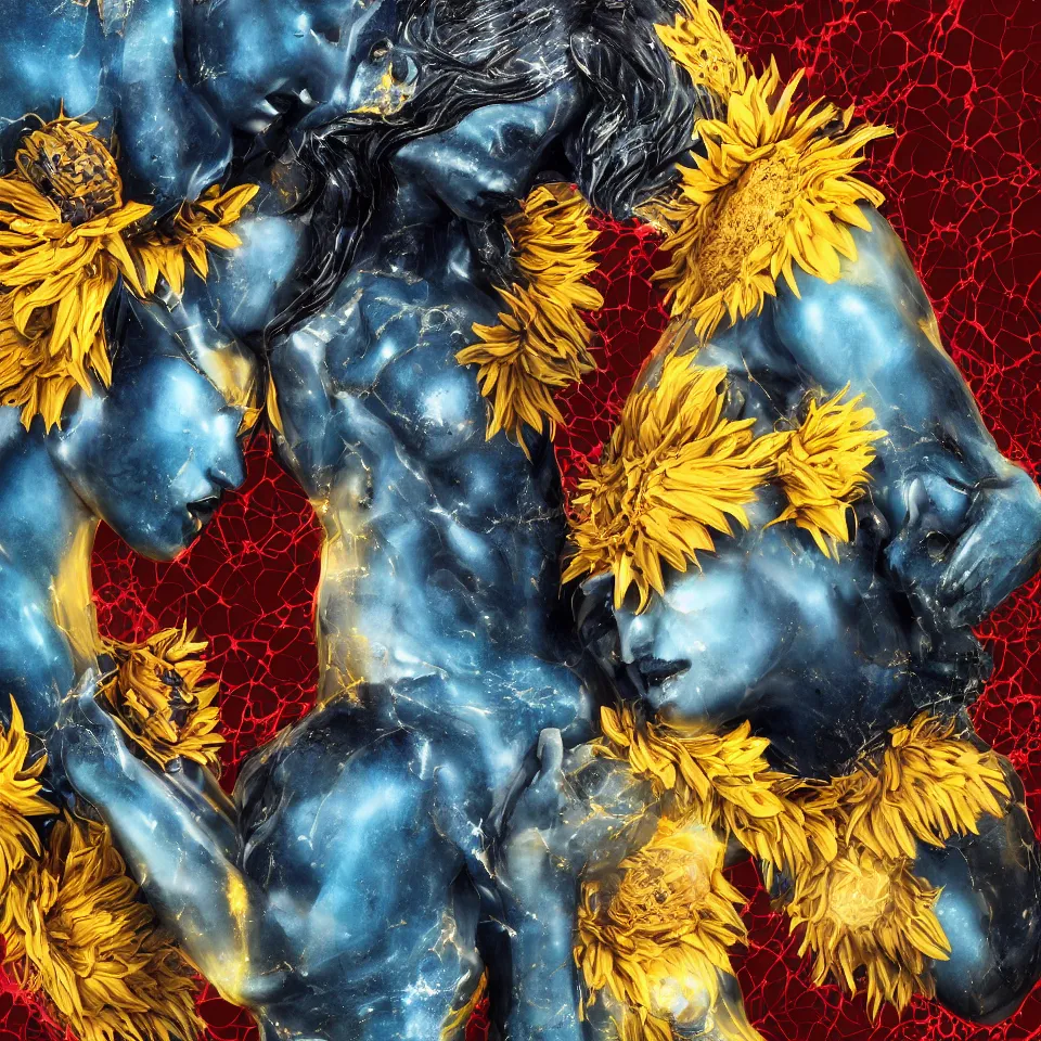 Prompt: universal embrace of love compassion and touch, symmetrical fractured dark obsidian greek statue of a beautiful couple, yellow gemstones, ice sunflowers, lightblue acrylic paintdrip tar, mangeta smoke red light, repaired with kintsugi, glitches, rendered in octane trending on cgsociety. extremely detailed and intricate art, corruption, sleek, kisses and hugs