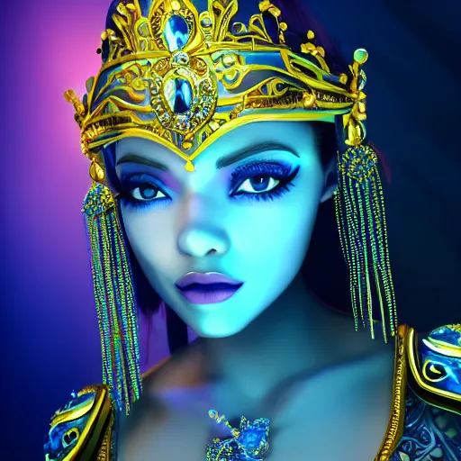 Prompt: photo of wonderful princess of sapphire with fair skin, she has her eyes closed, glowing, ornate and intricate blue jewelry, jaw dropping beauty, eyepopping colors, dynamic lighting, glowing background lighting, blue accent lighting, photorealistic, hyper detailed, award winning photography, 4 k octane render