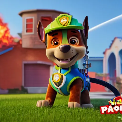 Image similar to marshall from paw patrol using a water hose to extinguish the burning paw patrol base, movie poster, intricate detail, 8 k, trending on artstation, octane render