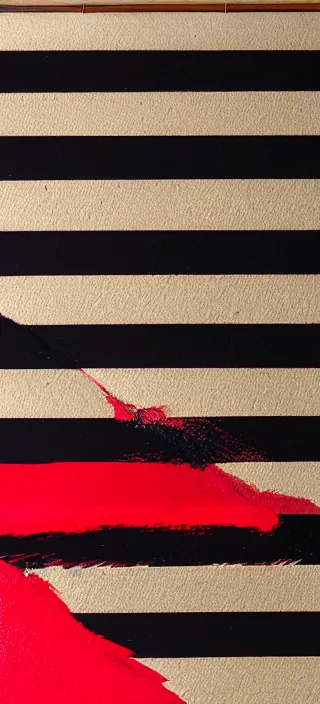 Prompt: canvas coated with red paint, black stripes, matte paint, news articles wheat pasted