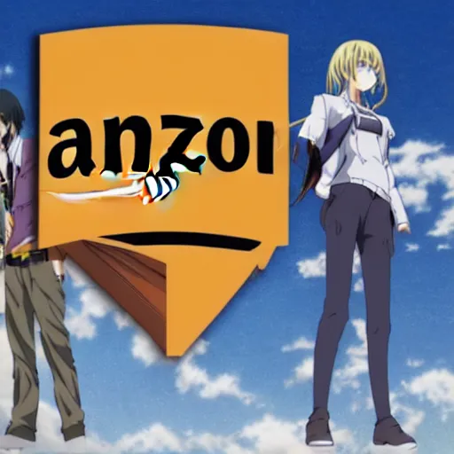Image similar to anime characters promoting Amazon, Amazon logo