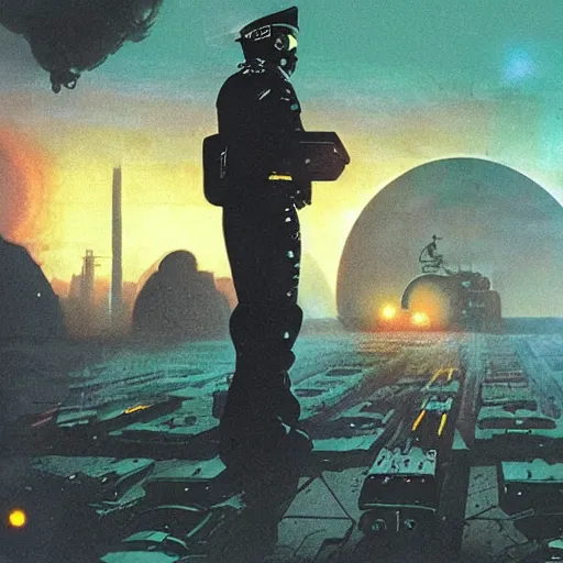 Prompt: android cop in hell, chris foss, john harris, beeple, wayne barlowe