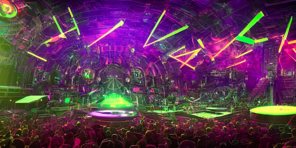 Prompt: a concert stage, big glowing letters over the stage tripmachine, center of the stage is a big futuristic steampunk generator surrounded by speaker towers, rock musicians on the stage, laser show, 8 k, fluorescent colors, halluzinogenic, multicolored, exaggerated detailed, unreal engine