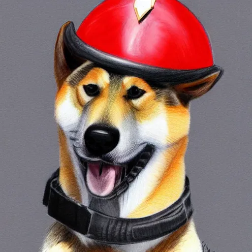 Image similar to A drawing of a Shiba Inu dog wearing a soldier's helmet, realistic, color