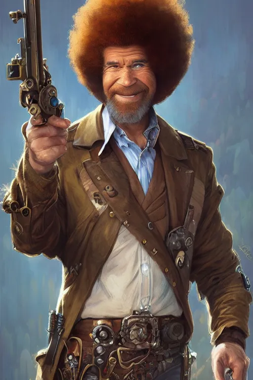 Image similar to bob ross as a steampunk cyborg gunslinger, portrait, western, duster, fantasy, intricate, elegant, highly detailed, digital painting, artstation, concept art, sharp focus, illustration, art by artgerm and greg rutkowski and alphonse mucha