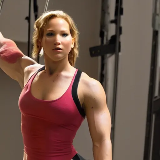 Image similar to first photos of 2 0 2 4 female pumping iron remake - muscular jennifer lawrence as conan, put on 1 0 0 pounds of muscle, looks different, steroids, hgh, ( eos 5 ds r, iso 1 0 0, f / 8, 1 / 1 2 5, 8 4 mm, postprocessed, crisp face, facial features )