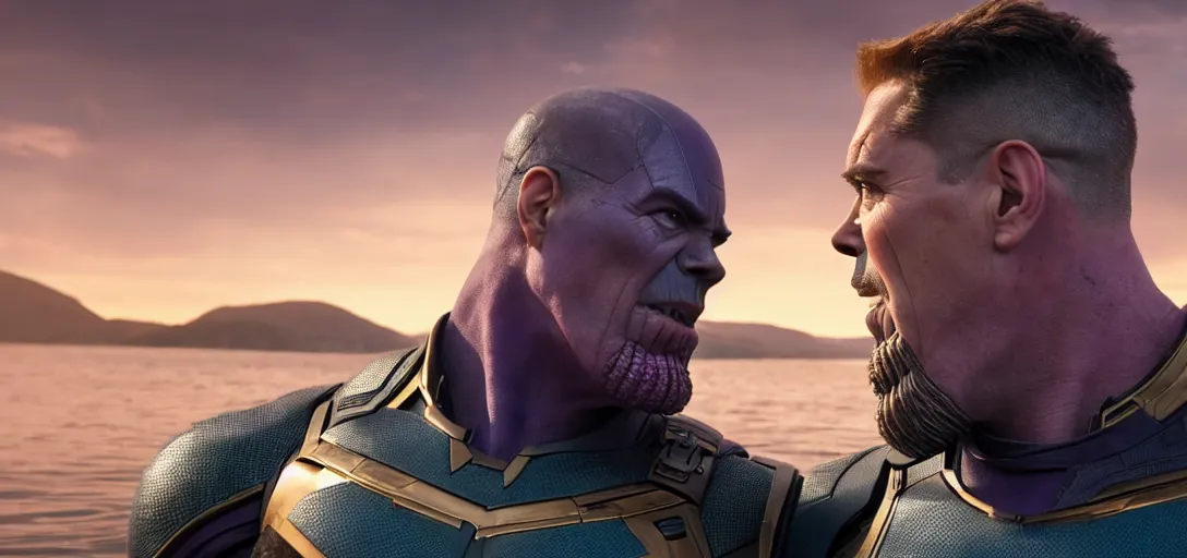 Image similar to a very high resolution image from a new movie. thanos kissing tony stark on a lake, photorealistic, photography, directed by wes anderson