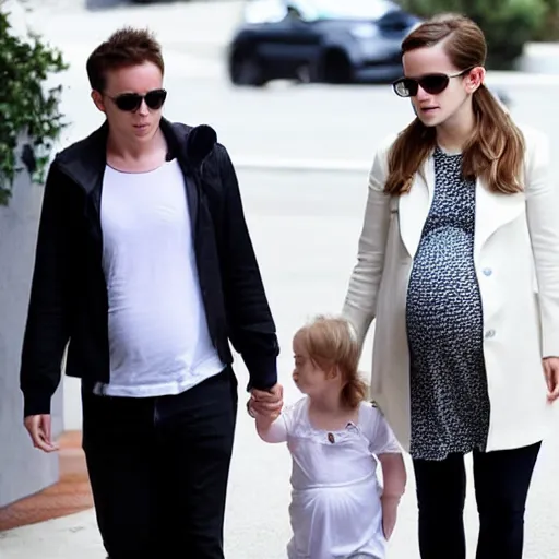Image similar to pregnant emma watson at the hospital holding a baby with Elon musk with white clothes standing next to her and holding her hand 8k