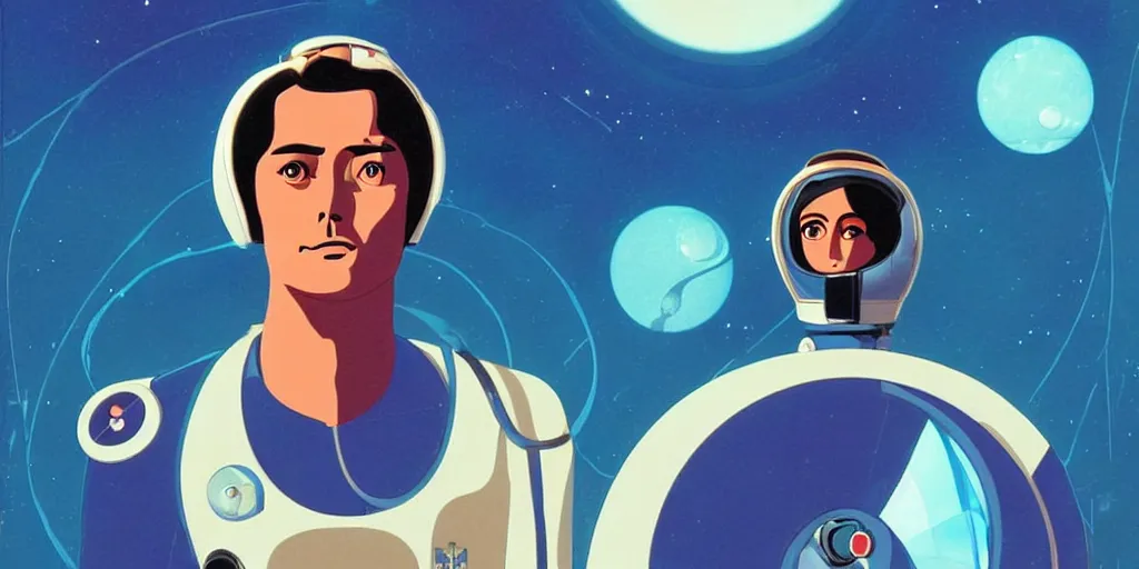 Image similar to a portrait of lonely single Alain Delon alone pilot in spacesuit posing in symmetrical spaceship station planet captain bridge outer worlds hyper contrast in FANTASTIC PLANET La planète sauvage animation by René Laloux