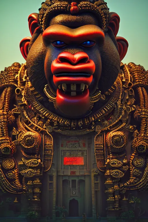 Image similar to high quality 3 d render post - rococo cyberpunk hanuman! head building, neon madhubani, open mouth, highly detailed, in sci - fi new delhi, cinematic smooth unreal engine, lee madgwick & liam wong, dramatic light, low angle, uhd 8 k, sharp focus