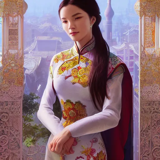 Prompt: woman wearing ao dai, ultra realistic, concept art, intricate details, highly detailed, photorealistic, octane render, 8 k, unreal engine. art by artgerm and greg rutkowski and alphonse mucha