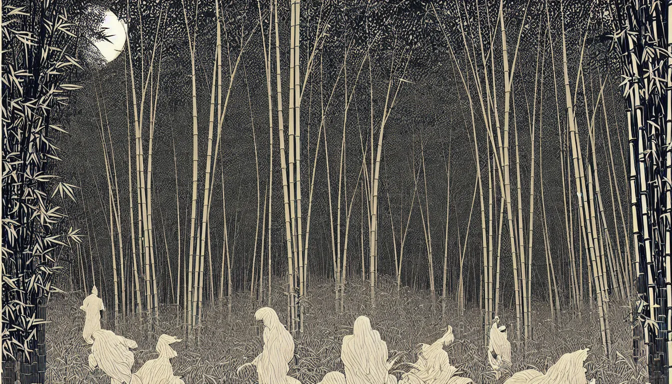 Prompt: bamboo grove by woodblock print, nicolas delort, moebius, victo ngai, josan gonzalez, kilian eng