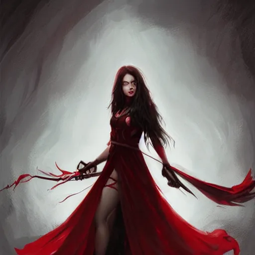 Prompt: stunning comic book style portrait painting of Long Black Haired beautiful woman wearing red dress, red eyes, holding black blade, in the style of WLOP, 8k masterpiece, cinematic lighting, pristine clean design, high fantasy, insanely detailed, atmospheric,