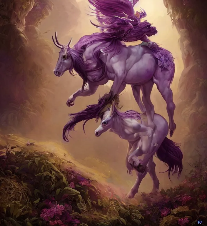 Image similar to a majestic female centaur with white wings and with a horn on the forehead and purple hair and elf ears, backlit, strong rim light, highly detailed, digital painting, by Alvaro Castagnet + Peter Mohrbacher + Dan Mumford + vivid colors + high contrast, 8k resolution, intricate, photorealistic, smooth