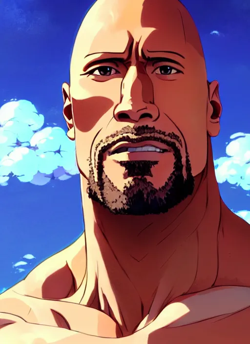 Image similar to portrait of dwayne rock johnson, cloudy sky background lush landscape illustration concept art anime key visual trending pixiv fanbox by wlop and greg rutkowski and makoto shinkai and studio ghibli