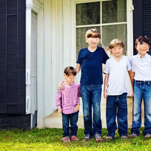 Image similar to one girl and three boys stand together. they are siblings. a white housewall is in the beackground