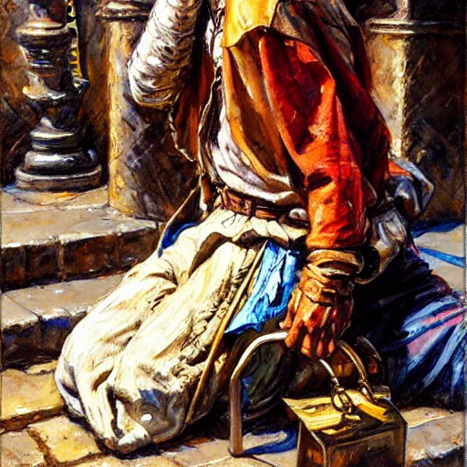 Prompt: talking medieval beggar in rags with a drop, holding purse of gold, fantasy character portrait by michael garmash, donato giancola