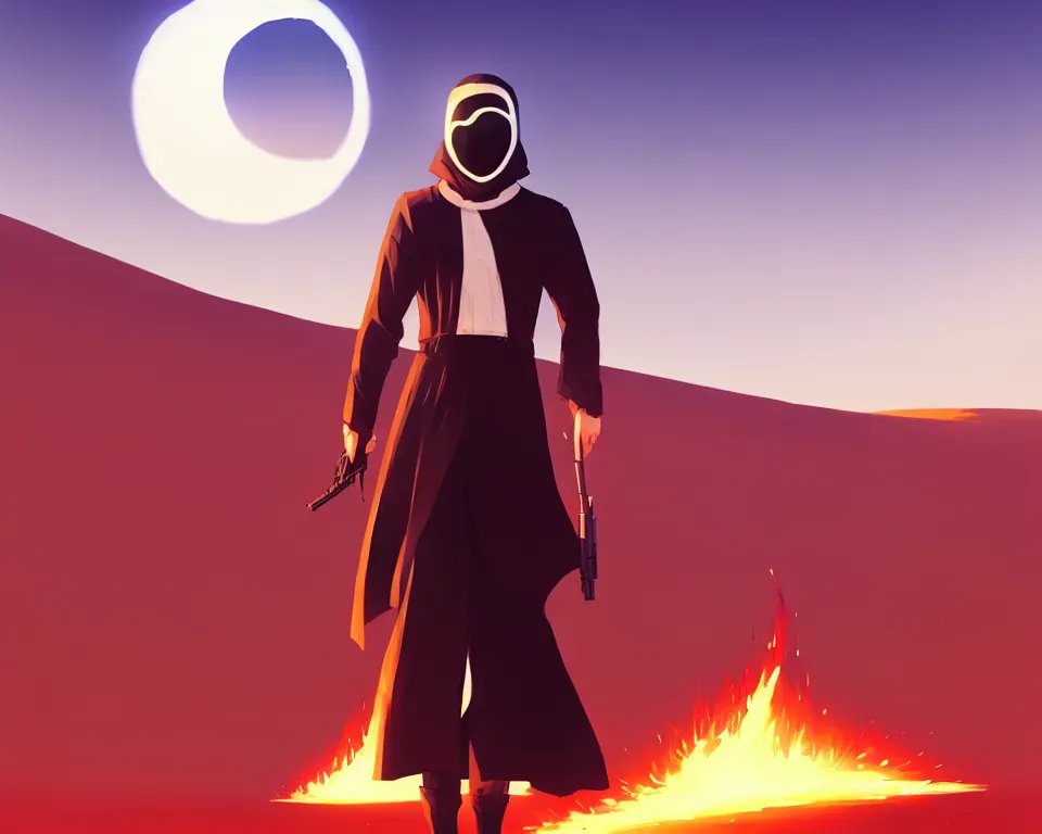 Prompt: white masked man in front of burning desert, by ilya kuvshinov, greg rutkowski and makoto shinkai, trending on artstation