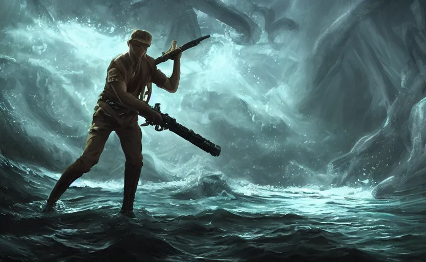 Image similar to mogan freeman with a lightsaber fighting cthulhu, water landscape, dramatic lighting, cinematic, establishing shot, long full body shot, extremly high detail, photorealistic, cinematic lighting, post processed, concept art, artstation, matte painting, style by greg rutkowsky