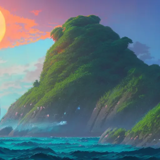 Image similar to beautiful matte digital fantasy concept art of the shore of the island of monuments and statues, with a spectacular sunset, from the studio ghibli movie island monuments, by andreas rocha, pastel color palette, trending on artstation hq, 8 k