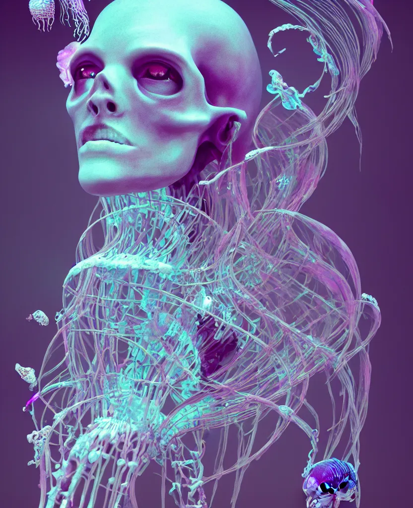 Image similar to goddess close - up portrait human skeleton, ram skull, jellyfish, orchid, betta fish, bioluminiscent, intricate artwork by tooth wu and wlop and beeple. octane render, trending on artstation, greg rutkowski very coherent symmetrical artwork. cinematic, hyper realism, high detail, octane render, 8 k