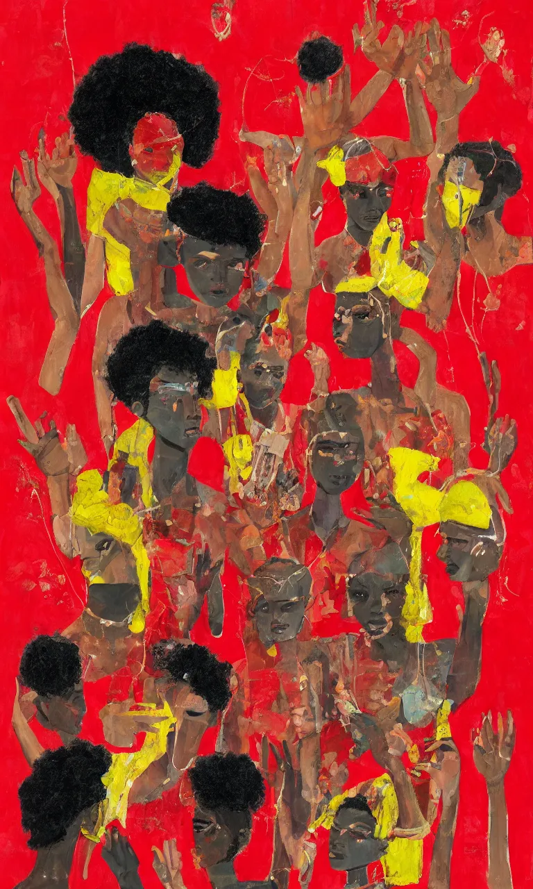 Prompt: black kids mixing with dna's and crowns in the red abstract background with broken mirrors, a painting by Eden Seifu, trending on artstation