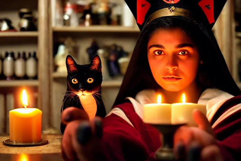 Image similar to 2 0 0 0's photo, close up portrait, dramatic lighting, concentration, calm confident hispanic teen witch and her cat, on candle and tarot cards displayed on the table in front of her, a witch hat and cape, apothecary shelves in the background, still from harry potter, alphonse mucha