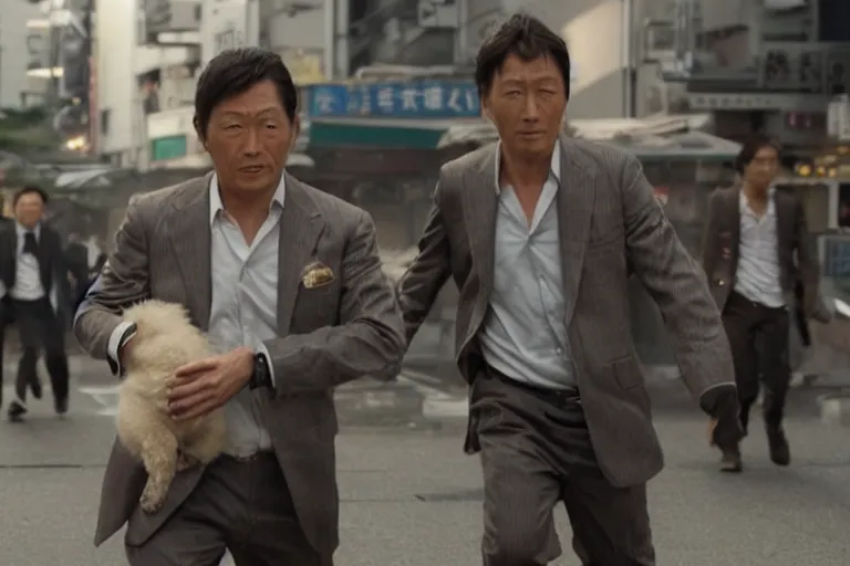 Prompt: cinematography action movie closeup portrait of a Japanese business man carrying his dog running from an explosion in Tokyo by Neil blomkamp