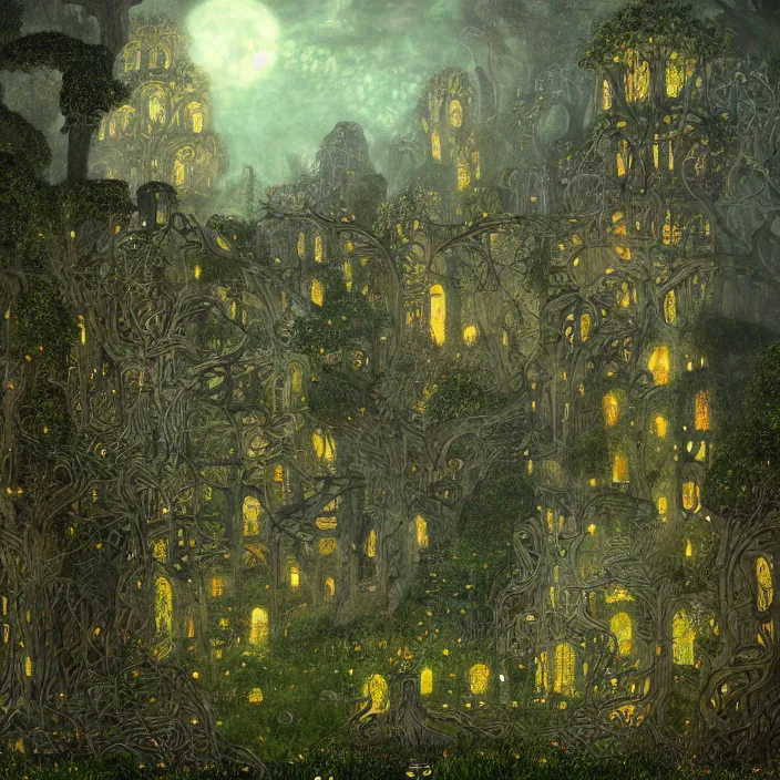 Image similar to ancient overgrown! ruins lit by moonlight!, twilight, medieval gates, runestones, beautiful lanters, mysetrious etherial mesmerizing runic!! cat eyes, magical elven geometry, concept art by gustav klimt!, deviantart contest winner, environmental art, high detail, intricate masterpiece