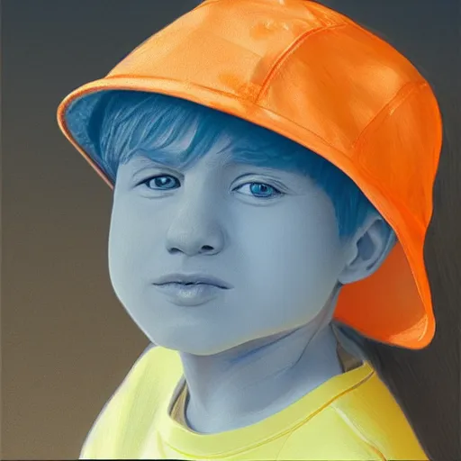 Image similar to a detailed portrait of a boy with blue eyes and blonde hear wearing an orange bucket hat, art illustration, incredibly highly detailed and realistic, 8 k, sharp focus