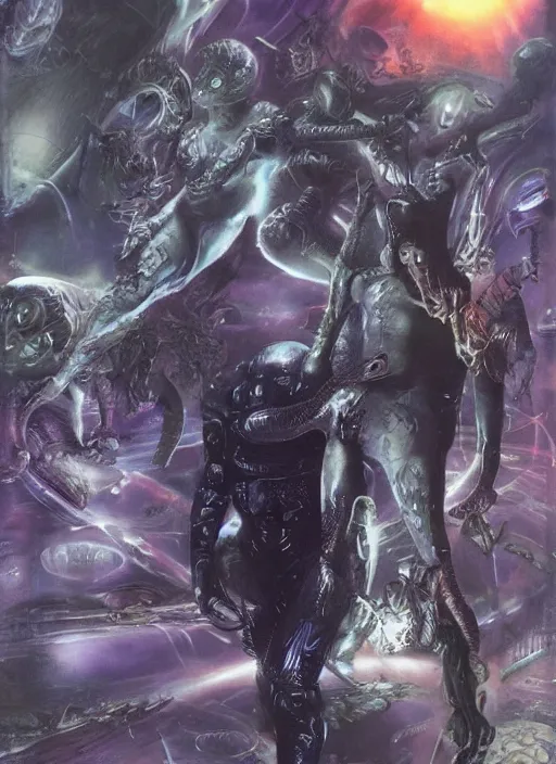 Image similar to astronauts in dark void underwater - complex and hyperdetailed technical suit. reflection and dispersion materials. rays and dispersion of light. volumetric light. f / 3 2. noise film photo. flash photography. ultra realistic, wide angle. poster by wayne barlowe, hajime sorayama aaron horkey, craig mullins