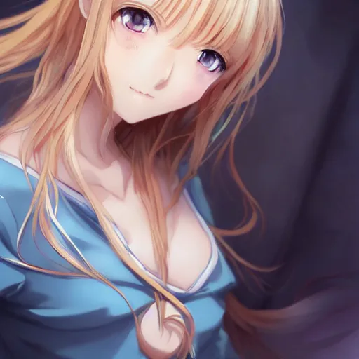 Image similar to a very beautiful anime cute girl, full body, long wavy blond hair, sky blue eyes, full round face, short smile, fancy top, miniskirt, front view, medium shot, mid-shot, laying in bed, highly detailed, cinematic wallpaper by Stanley Artgerm Lau