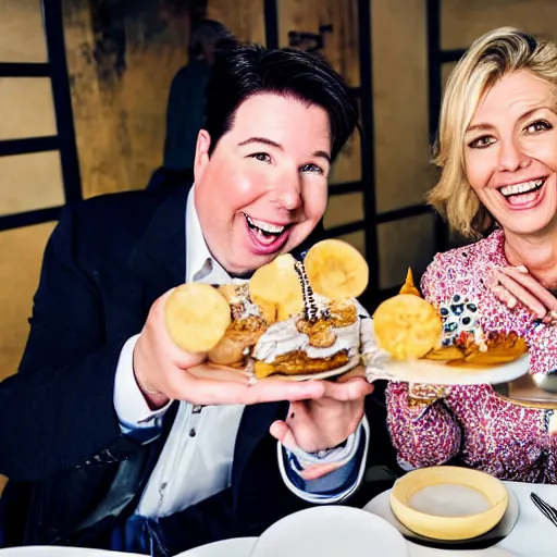 Image similar to portait of michael mcintyre and middle aged blonde woman with short hair and a blonde woman with long hair having dessert at sunday in brooklyn restaurant
